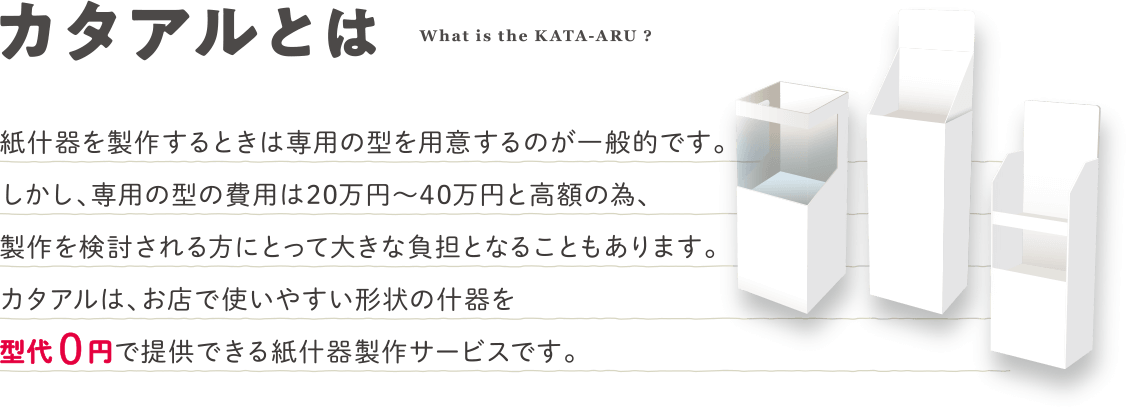 カタアルの紹介とメリット。紙什器を製作するときは専用の型を用意するのが一般的です。しかし、専用の型の費用は20万円~40万円と高額の為、製作を検討される方にとって大きな負担となることもあります。カタアルは、お店で使いやすい形状の什器を型代0円で提供できる紙什器製作サービスです。