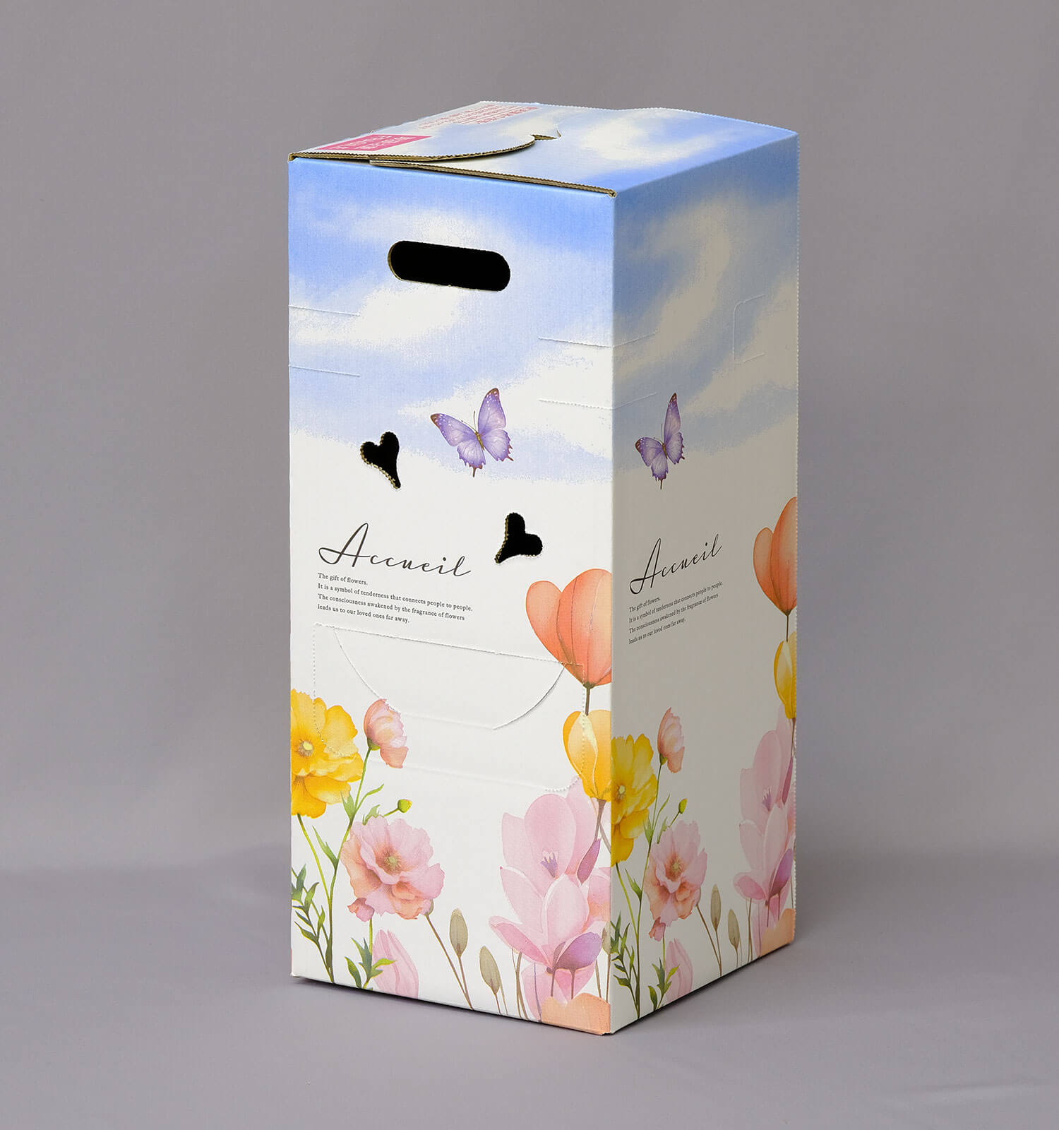 「花」「蝶」を3色掛け合わせ印刷で表現したギフト用ダンボール