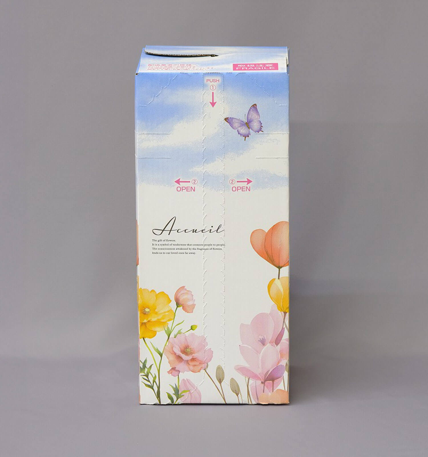 「花」「蝶」を3色掛け合わせ印刷で表現したギフト用ダンボール